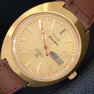 Vintage 1980 HMT Automatic Wound Mens Gold Watch W/daydate & Red accents